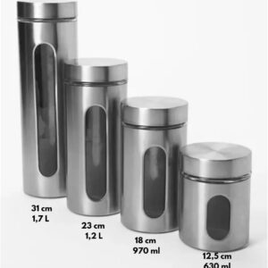 Kit Jogo De 4 Potes Porta Mantimentos De Inox Com Visor De Vidro Fechamento Hermético